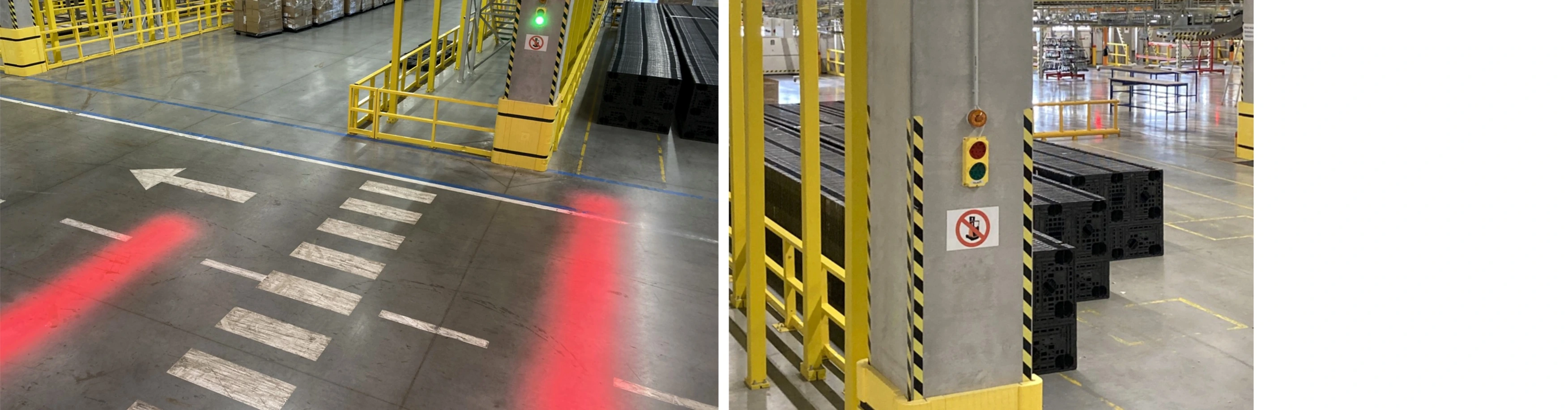 Signalizační systém ve skladu upozorňující na pohyb manipulační techniky.