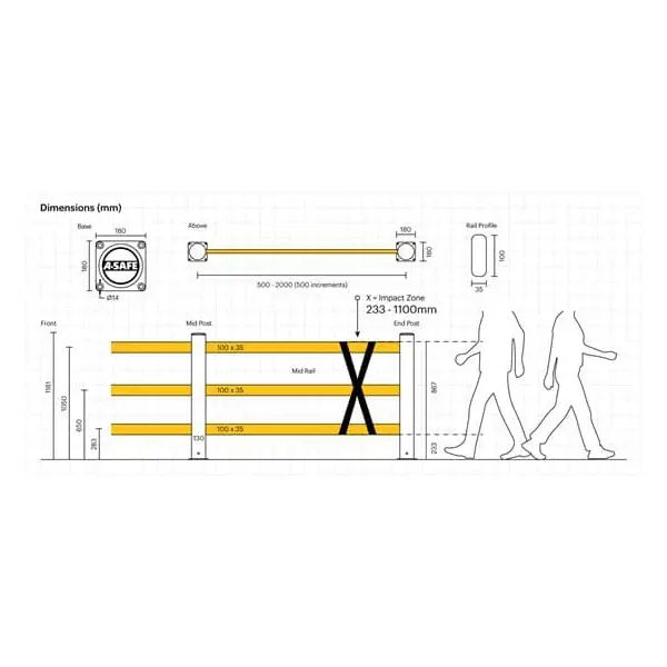Absperrung für Fußgänger A-SAFE, eFlex Pedestrian Barrier 3-Holme – 1,6 m