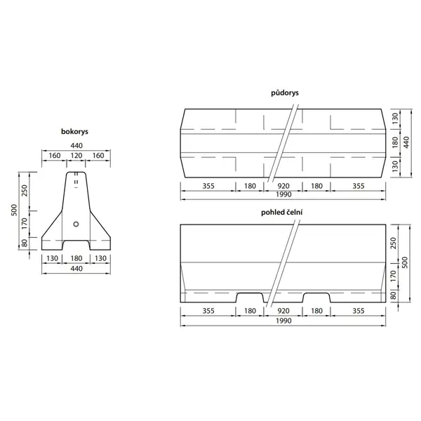 Betonschutzplanke 50 HS01CSB – Mittelstück, 2000×440×500 mm