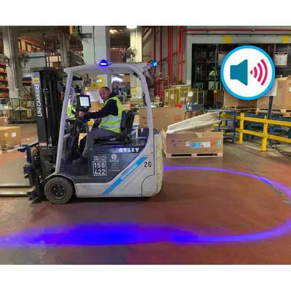 BlueDetect Begrenzungslicht für Gabelstapler mit Rückfahrsensoren – 1× Radarwarner 1× LED-Leuchte 180°, 1× Metallhalterung