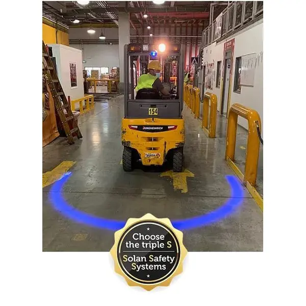 BlueDetect Begrenzungslicht für Gabelstapler mit Rückfahrsensoren – 2× Radarwarner, 1× LED-Leuchte 180°, 1× Metallhalterung