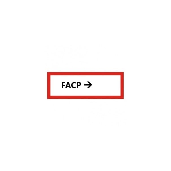 Brandschutzkennzeichnung, ''FACP'' mit Pfeil – Nachleuchtende Folie, 420×148 mm