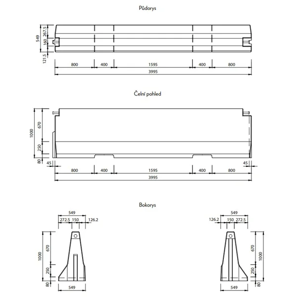 Einseitige Betonschutzplanke TYP100 – Mittelstück, 4000×549×1000 mm