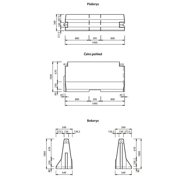 Einseitige Betonschutzplanke TYP100, verkürzt – Mittelstück, 2000×549×1000 mm