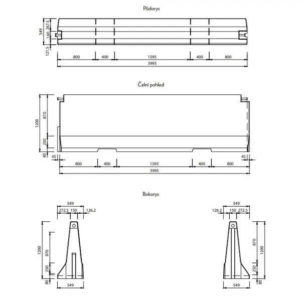 Einseitige Betonschutzplanke TYP120 – Mittelstück, 4000×549×1200mm