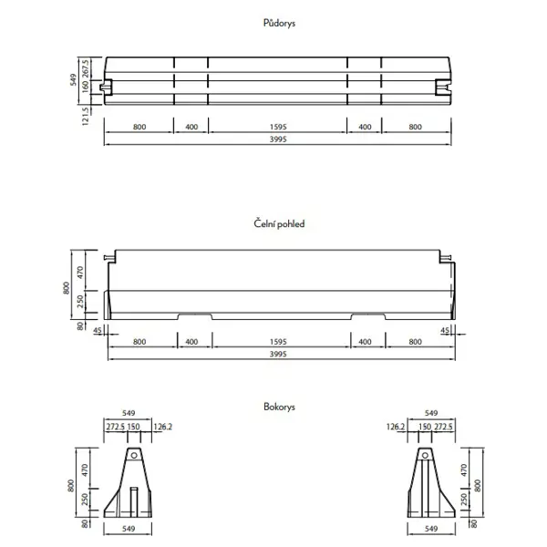 Einseitige Betonschutzplanke TYP80 – Mittelstück, 4000×549×800mm