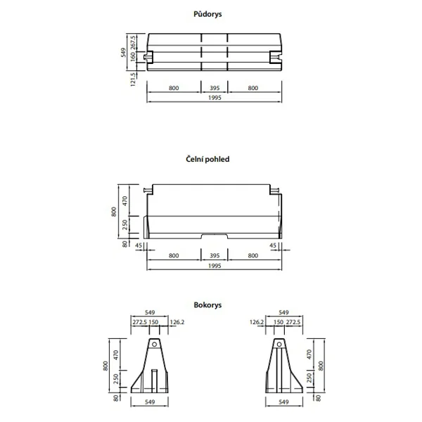 Einseitige Betonschutzplanke TYP80, verkürzt – Mittelstück, 2000×549×800 mm