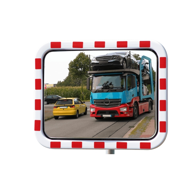 Eisfreier Verkehrsspiegel Premium – Edelstahl, rot-weißer Rahmen, 60×80cm