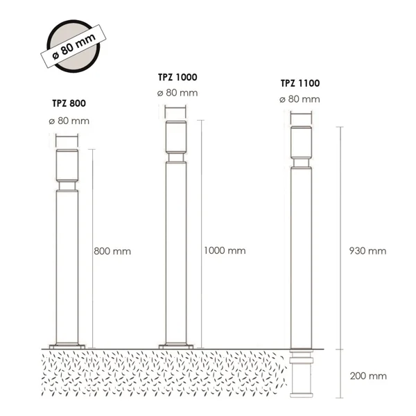 Flexibler Pfosten, H.100 mm, D.80 mm, runder Pfosten-Kopf – schwarz
