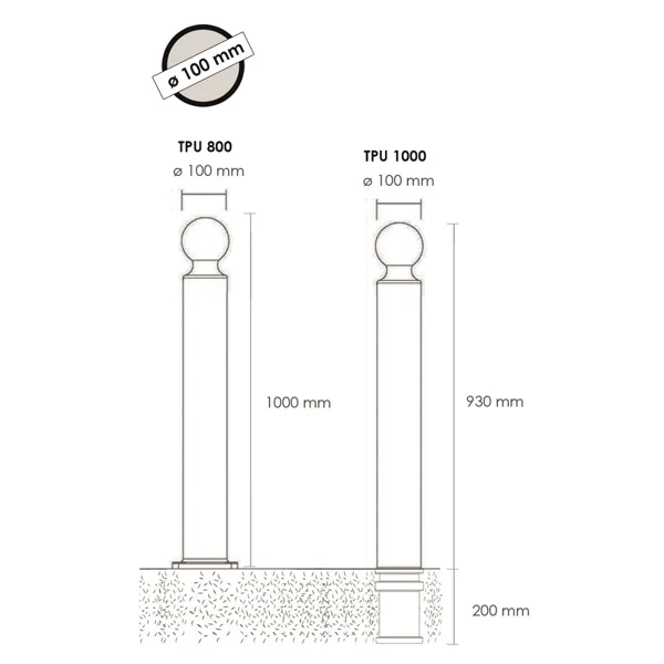 Flexibler Pfosten zum Einbetonieren, H.1130 (930) mm, D.100 mm, runder Pfosten-Kopf – braun