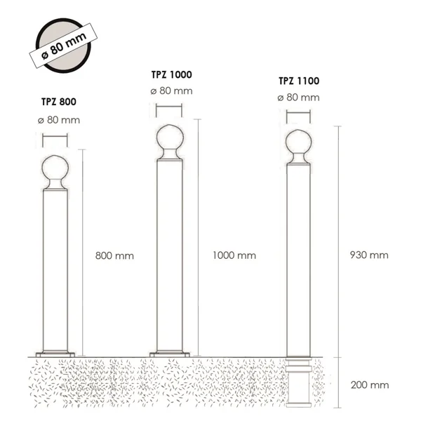 Flexibler Pfosten zum Einbetonieren, H.1130 (930) mm, D.80 mm, runder Pfosten-Kopf – schwarz