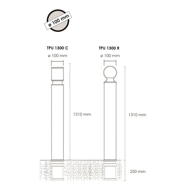 Flexibler Pfosten zum Einbetonieren, H.1560 (1310) mm, D.100 mm – grau