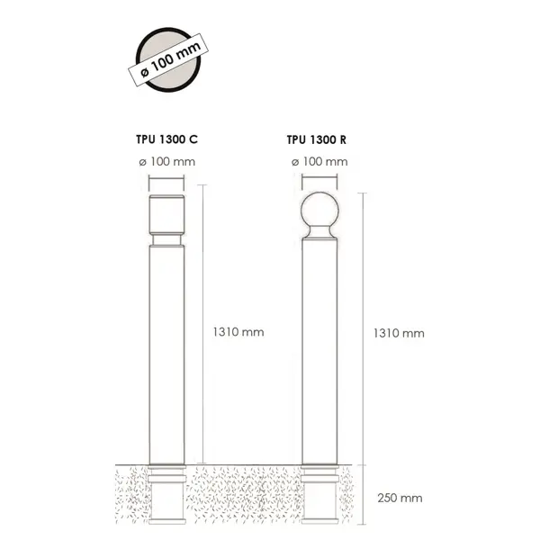Flexibler Pfosten zum Einbetonieren, H.1560 (1310) mm, D.100 mm – schwarz