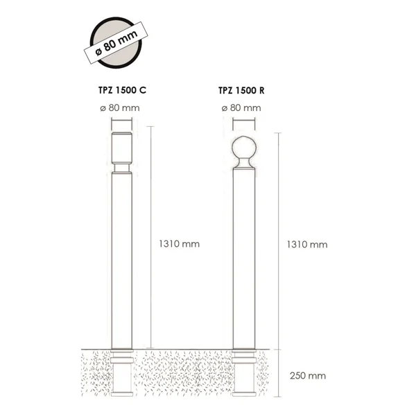 Flexibler Pfosten zum Einbetonieren, H.1560 (1310) mm, D.80 mm, runder Pfosten-Kopf – braun