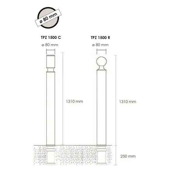 Flexibler Pfosten zum Einbetonieren, H.1560 (1310) mm, D.80 mm – schwarz