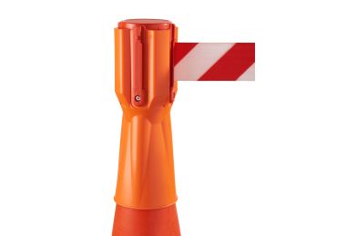 Kasette für Verkehrsleitkegel Tensacone, orange–selbstaufwickelndes Band 3,65 m, rot-weiße Schraffur