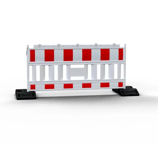 Mobile Straßenabsperrung EURO2 aus Kunststoff ohne Lichtadapter mit Fuß – retroreflektierende Folie RA1, rot-weiß, 2,1 × 1 m