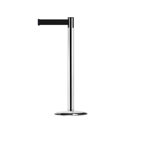 Mobiler Absperrpfosten Advance mit Sockel Universal, satiniertes Chrom – selbstaufwickelndes Band 2,3 m, schwarz