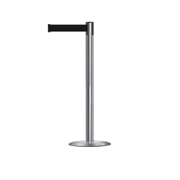 Mobiler Absperrpfosten Advance mit Sockel Universal, satiniertes Chrom – selbstaufwickelndes Band 3,65 m, schwarz