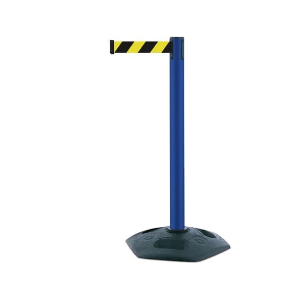 Mobiler Absperrpfosten Heavy Duty, blau – gelb-schwarzes Band 3,65 m