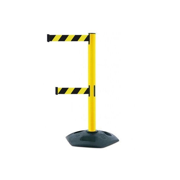 Mobiler Absperrpfosten HeavyDuty DualLine, gelb – gelb-schwarzes Band 3,65 m