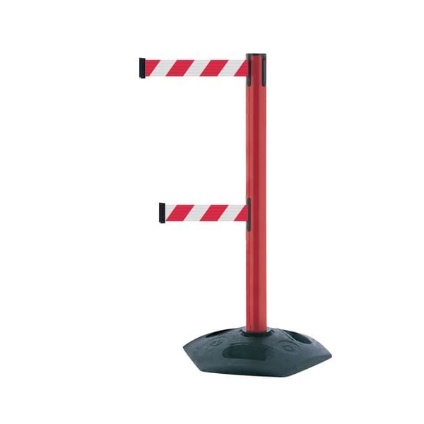Mobiler Absperrpfosten HeavyDuty DualLine, rot – rot-weißes Band 3,65 m