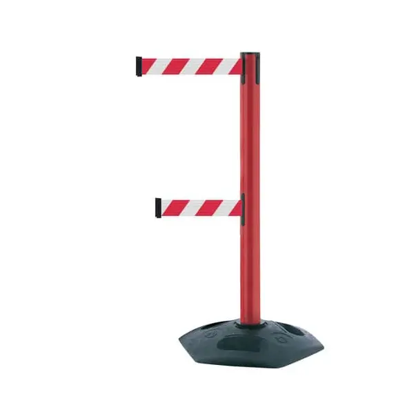 Mobiler Absperrpfosten HeavyDuty DualLine, rot – rot-weißes Band 3,65 m