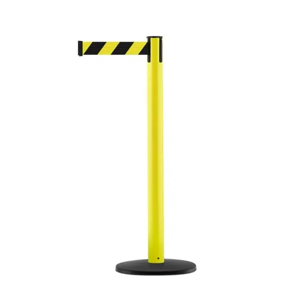 Mobiler Absperrpfosten mit Basic ABS Sockel, gelb – gelb-schwarzes Band 3,65 m