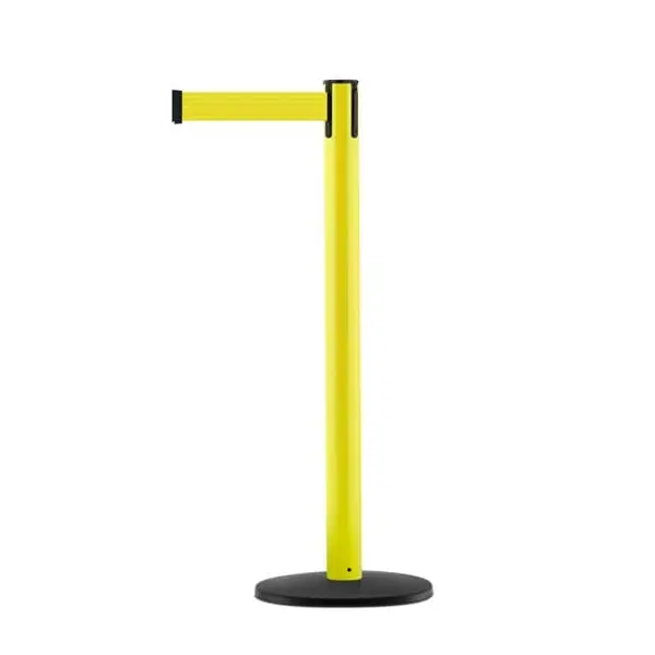 Mobiler Absperrpfosten mit Basic ABS Sockel, gelb – gelbes Band 2,3 m