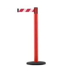 Mobiler Absperrpfosten mit Basic ABS Sockel, rot – rot-weißes Band 2,3 m