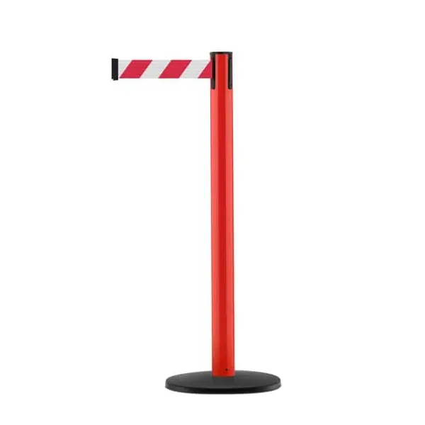 Mobiler Absperrpfosten mit Basic ABS Sockel, rot – rot-weißes Band 3,65 m