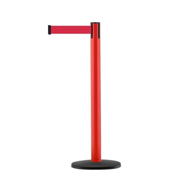 Mobiler Absperrpfosten mit Basic ABS Sockel, rot – rotes Band 3,65 m