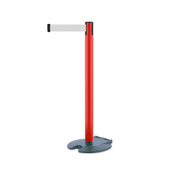 Mobiler Absperrpfosten Rollabarrier, rot – weißes Band 3,65 m
