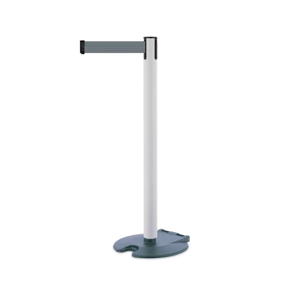 Mobiler Absperrpfosten Rollabarrier, weiß – graues Band 3,65 m