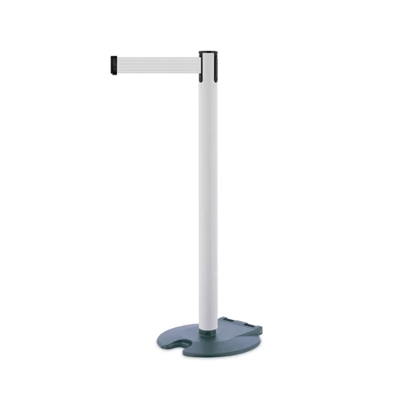 Mobiler Absperrpfosten Rollabarrier, weiß – weißes Band 3,65 m