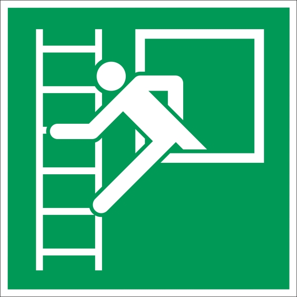 Nachleuchtende Rettungskennzeichnung, Notausgang mit Feuerwehrleiter – Aluminium-Kompositwerkstoff, 150x150 mm