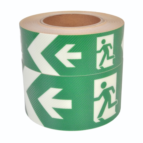 Nachleuchtendes Boden- und Wandband, Rettungszeichen links gerichtet – PVC, 75 mm × 10 m