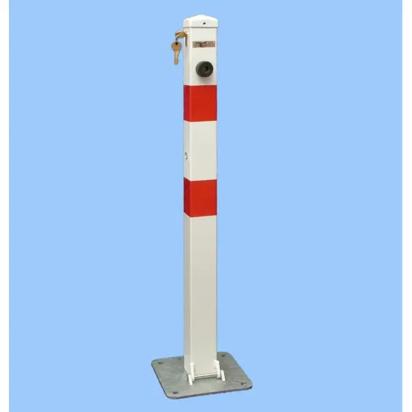Parkpfosten BASIC – Stahl, weiß-rot, 800 mm, klappbar, Verschloss FAB