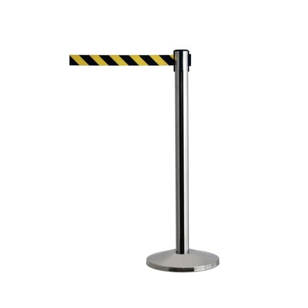Pfosten QueueWay, poliertes Chrom – Paar, selbstaufwickelndes Band 2,3 m, gelb-schwarze Schraffur