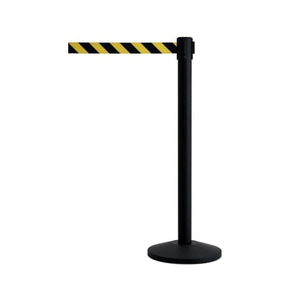 Pfosten QueueWay, schwarz – Paar, selbstaufwickelndes Band 2,3 m, gelb-schwarze Schraffur