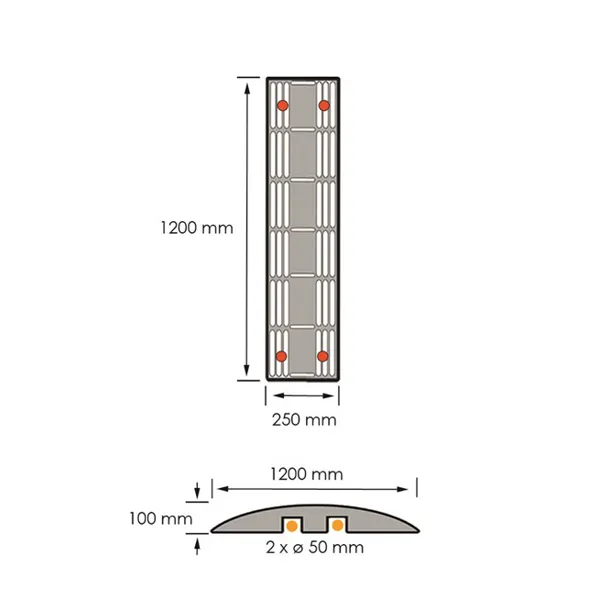 Retarder – Kabelbrücke 10 km/h, 40 t – 1200×250×100 mm, gelb-schwarz