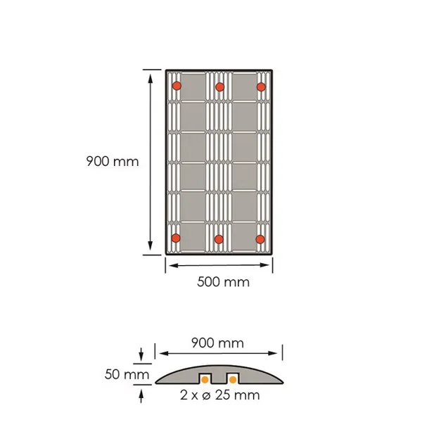 Retarder – Kabelbrücke 25 km/h, 40 t – 900×500×50 mm, gelb-schwarz