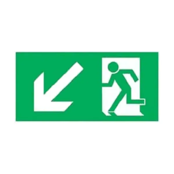 Rettungskennzeichnung, Notausgang abwärts links – Nachleuchtender Aluminium-Kompositwerkstoff, 300×150 mm