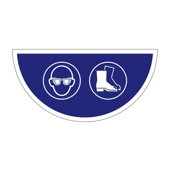 Selbstklebende flache Antirutsch-Markierung (Halbkreis), Augen- und Fußschutz benutzen – PVC, 750x375 mm