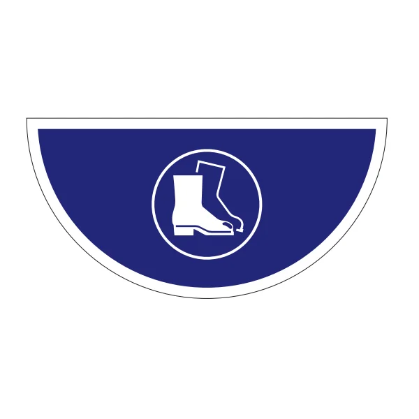 Selbstklebende flache Antirutsch-Markierung (Halbkreis), Fußschutz benutzen – Folie, 750x375 mm