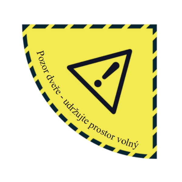 Selbstklebende flache Antirutsch-Markierung (Viertelkreis), ''Vorsicht, Tür öffnen'' – Folie, 750×750 mm