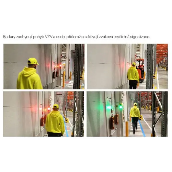 Signalisierungssystem für Gabelstaplerdurchfahrten – 1× Zentraleinheit, 3× Radarwarner, 3× LED-Sirene 32 Töne, 3× Ampel