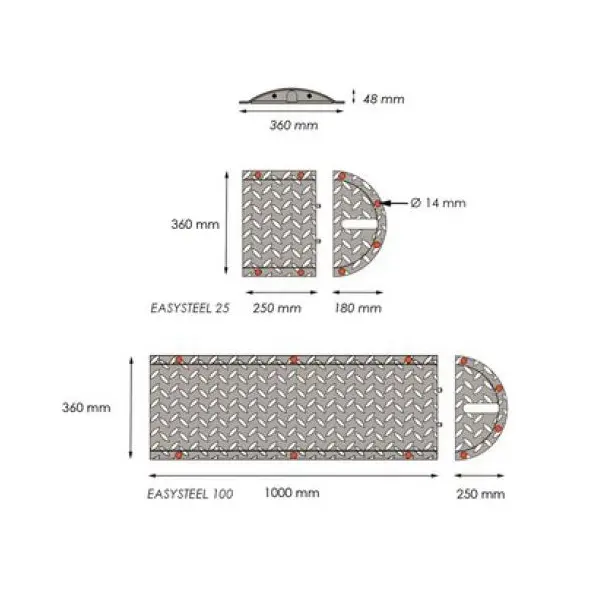 Stahl-Retarder – Kabelbrücke 25 km/h, 40 t – 1000×360×50 mm, gelb