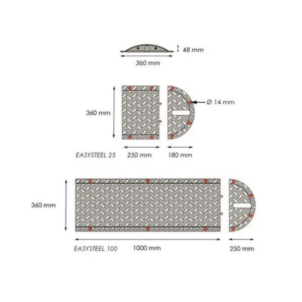 Stahl-Retarder – Kabelbrücke 25 km/h, 40 t, 2er-Set, Endstück – 180×360×50 mm, gelb