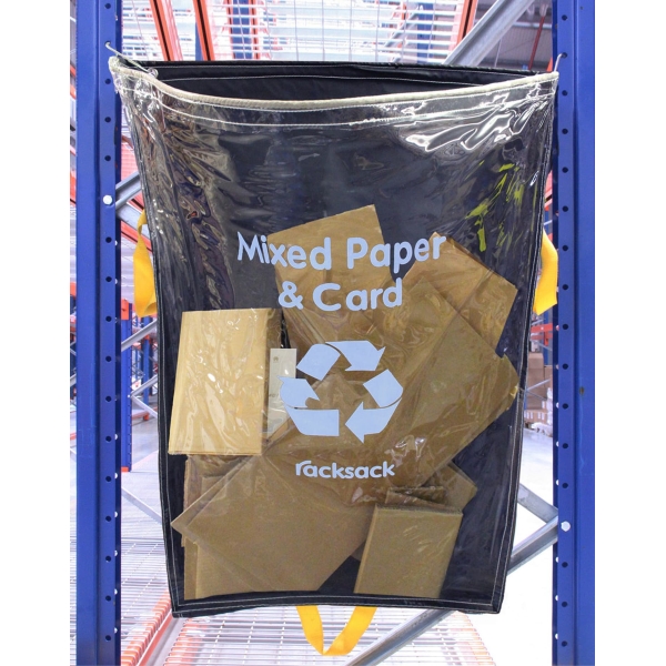 Transparenter Hängesack für Abfallsortierregale, RackSack Clear 160 l, ''Mischpapier'' – blau, 1000×920 mm, 5er-Pack